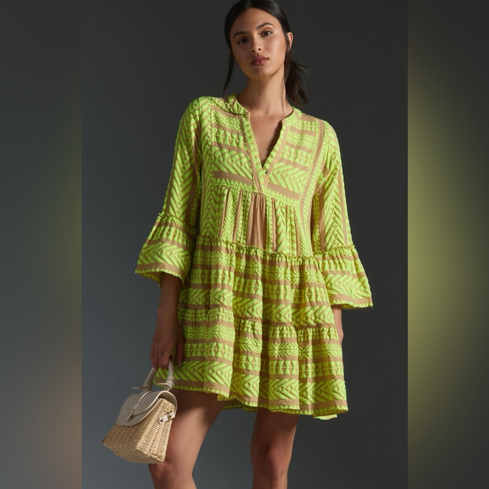 Anthropologie Lime Green Patterned Dress